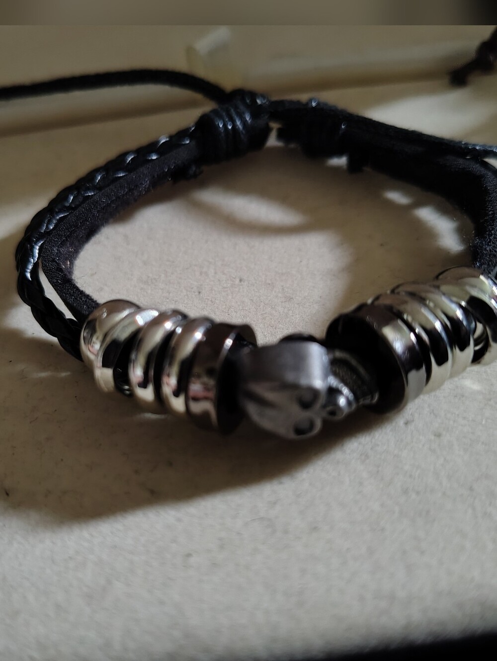 💀Braided Leather Skull & Ring Bead Bracelet 💀